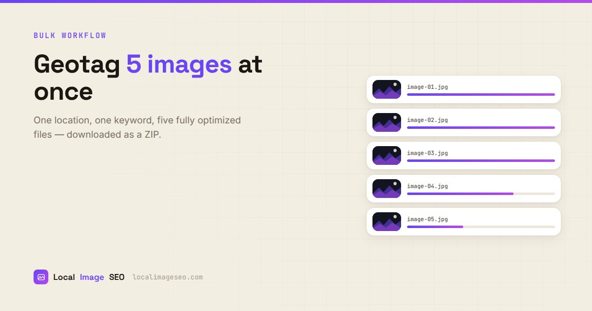 Five image files being geotagged and optimized at once